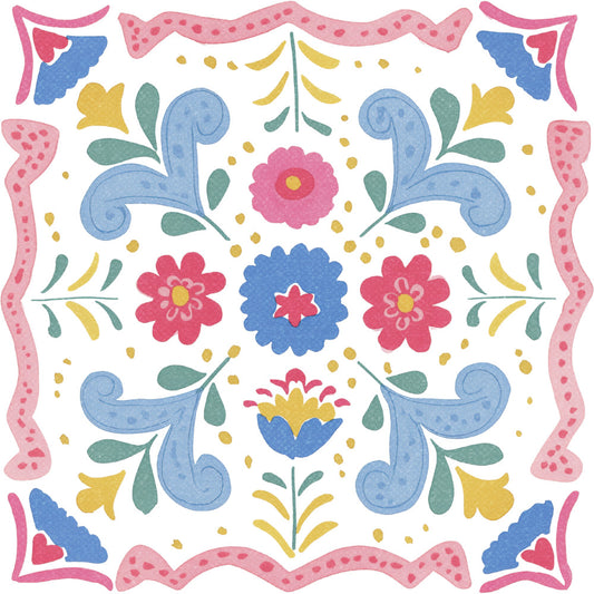 floral, folk art, botanical, whimsical, traditional, spring, summer, pink, blue, yellow, green, coral pink, sky blue, teal green, golden yellow, heart motifs, flowers, leaves, scrolls, symmetrical, decorative border, vintage inspired, bohemian, nature themed, cheerful, bright, colorful, ornamental, scalloped edge, daisy