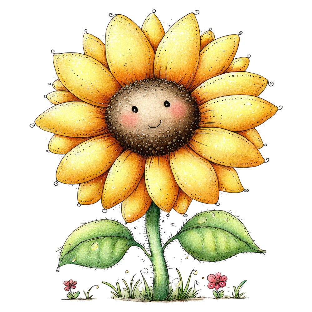 sunny yellow, golden yellow, burnt orange, sage green, coral pink, cream, whimsical, cheerful, cute, sunflower, floral, nature, spring, summer, garden, smiling face, anthropomorphic, children's, playful, botanical, decorative flowers, baby quilt, wall hanging, nursery, folk art style, illustrative, charming, pastoral, cottage core