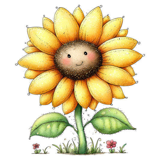 sunny yellow, golden yellow, burnt orange, sage green, coral pink, cream, whimsical, cheerful, cute, sunflower, floral, nature, spring, summer, garden, smiling face, anthropomorphic, children's, playful, botanical, decorative flowers, baby quilt, wall hanging, nursery, folk art style, illustrative, charming, pastoral, cottage core