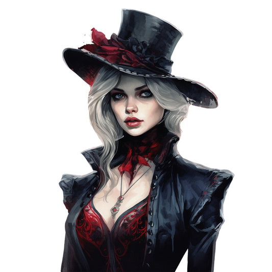 gothic, dark romance, victorian, steampunk, character portrait, illustration, pale blonde hair, crimson red, deep black, burgundy, dramatic makeup, top hat, elegant, mysterious, vintage fashion, dark aesthetic, alternative style, goth aesthetic, decorative corset, ornate details, red lips, pale complexion, moody, sophisticated, fantasy character, costume inspired, dramatic style, dark elegant