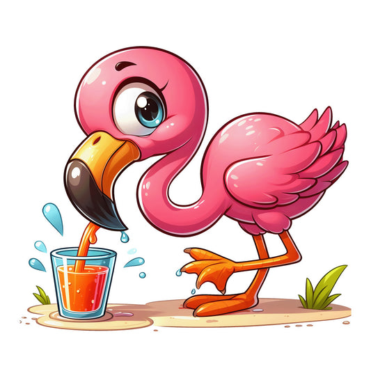 pink flamingo, cartoon style, cute animal, baby bird, drinking water, coral pink, orange beak, turquoise eye, fabric panel, quilting cotton, whimsical design, children's fabric, nursery theme, tropical bird, playful character, bright colors, animated style, water splash, glass cup, craft fabric