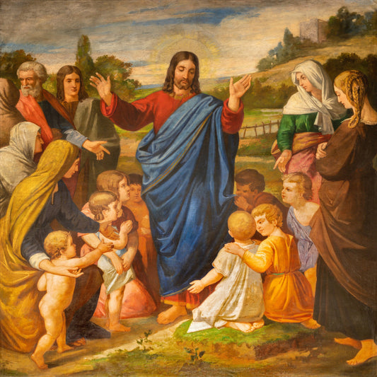 religious, jesus, spiritual, christian faith, biblical, renaissance, classical art, historical, figure painting, children, angels, traditional, elegant, golden yellow, sky blue, deep red, cream, earth tones, landscape background, architectural elements, timeless, vintage artwork, devotional, sacred art, european, old master style, narrative scene, multi-figure composition, peaceful, serene