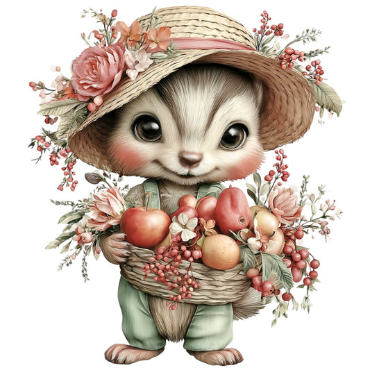 whimsical cat, adorable animal, cute kitten, straw hat, floral, roses, spring, pastoral, woodland, vintage, soft colors, cream white, dusty rose, coral pink, sage green, tan brown, berries, botanical, nature-inspired, sweet, charming, fairy tale, children's, baby, cottage core, farmhouse, garden theme, Easter, rustic elegant, illustration art