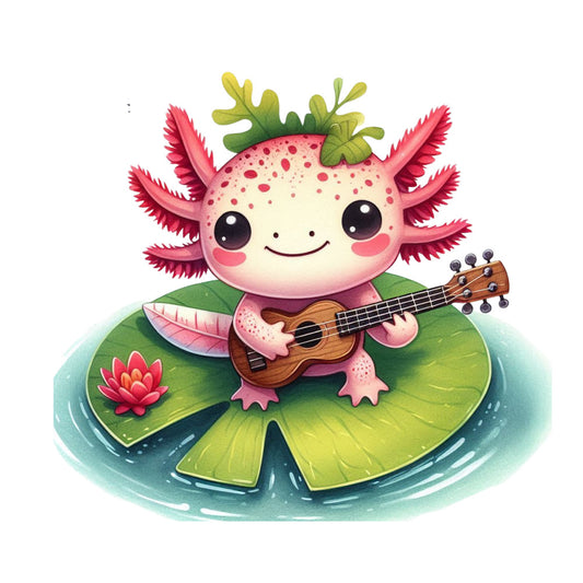 pink axolotl, cute cartoon, watercolor style, lily pad, ukulele, musical instrument, coral gills, green foliage, water lilies, aquatic scene, fabric panel, quilting cotton, kawaii style, soft pastels, whimsical design, children's fabric, nursery decor, amphibian character, playful mood, nature themed