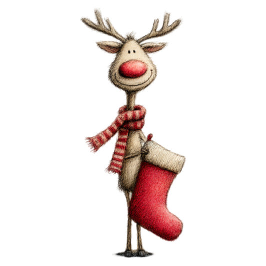reindeer, red nose, rudolph, christmas, holiday, festive, whimsical, cute, playful, tan, beige, cream, red, striped scarf, smiling face, cheerful, children's, seasonal, winter, decorative, joyful, cartoon style, animal character, stocking, gift giving, merry, charming, illustration style