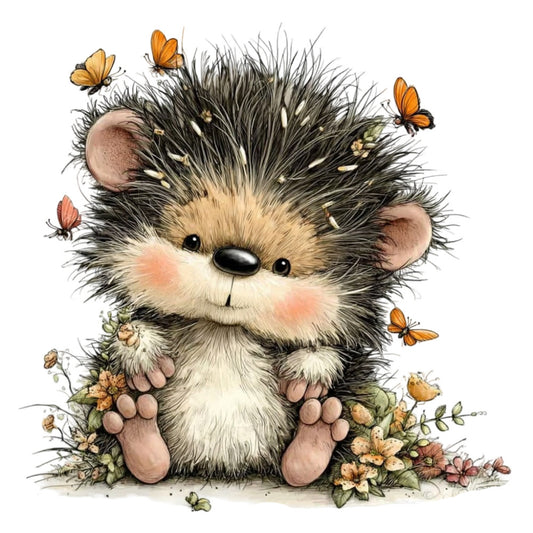 cute hedgehog, whimsical animals, butterflies, spring flowers, woodland creatures, nature themed, children's design, baby quilt, cream, tan, black, orange, coral pink, soft colors, floral motifs, botanical elements, playful style, gentle illustration, nursery decor, sweet animals, illustrated animals, pastel tones, storybook style, garden theme, enchanted forest, soft whimsical, wall hanging, decorative panel, animal illustration, springtime