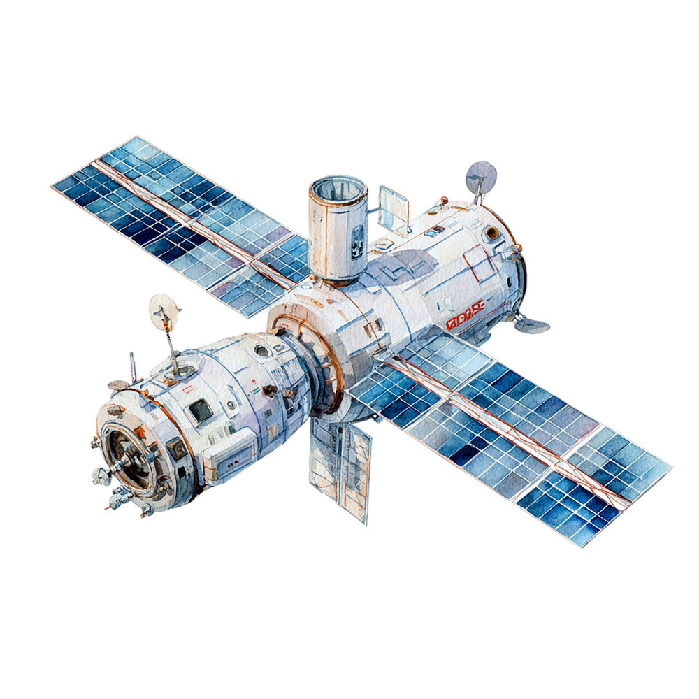 space exploration, astronaut, satellite, solar panels, technology, spacecraft, sci-fi, science fiction, blue, white, orange, metallic, cosmic, futuristic, educational, stem, nasa, orbiter, space station, celestial, modern, technical illustration, vintage space, retro futurism, aerospace, engineering, wall hanging, educational panel