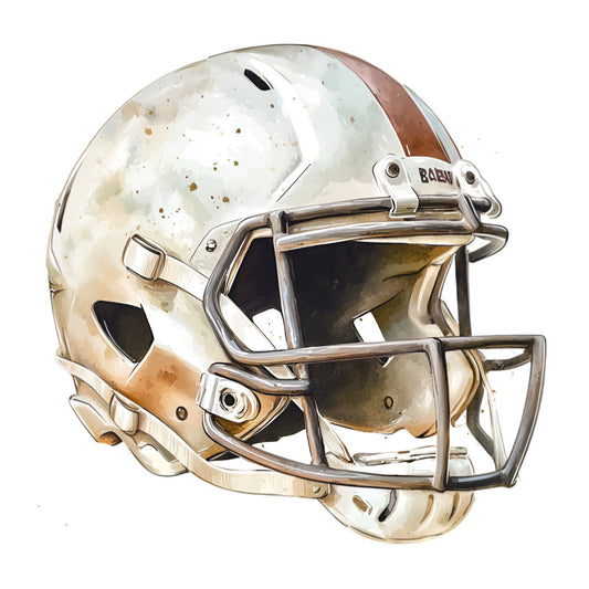 football helmet, sports, cream, tan, brown, bronze, metallic silver, chrome, gridiron, athletic, masculine, vintage sports, nostalgic, americana, team spirit, touchdown, realistic illustration, sports fan, game day, locker room, football theme, detailed rendering, weathered finish, classic helmet, sports memorabilia, fan apparel, competition, fall sports, college football, nfl inspired
