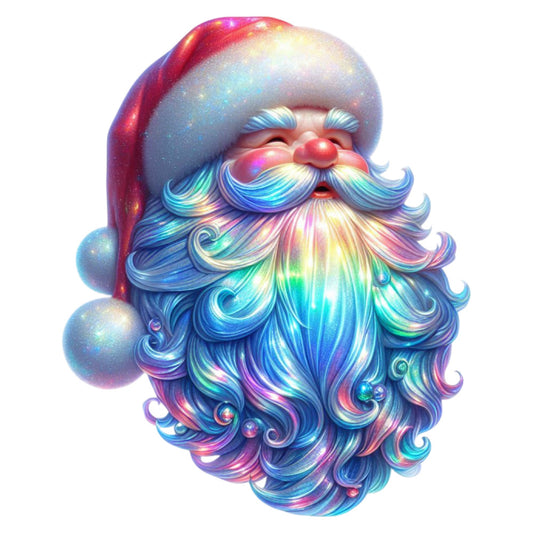 holographic santa, rainbow santa, metallic santa, iridescent santa, festive holiday, christmas, santa claus, jolly saint nick, pastel rainbow, neon colors, turquoise, cyan blue, magenta pink, purple, gold shimmer, glitter effect, whimsical, playful, modern holiday, vibrant multicolor, celestial effect, sparkly, luminous, winter theme, novelty print, retro modern, prismatic, gradient colors, cheerful, decorative panel