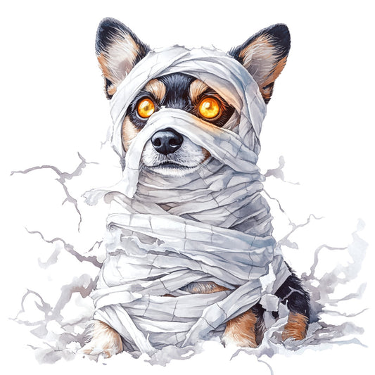 mummy dog, halloween, dog costume, wrapped dog, bandage wrapping, spooky, festive, whimsical, cute animals, french bulldog, puppy, golden eyes, black and tan, cream white, gray, humorous, funny, playful, pet themed, novelty, quirky, children's, kid friendly, autumn, october, supernatural, creepy cute, watercolor style, illustration, character panel