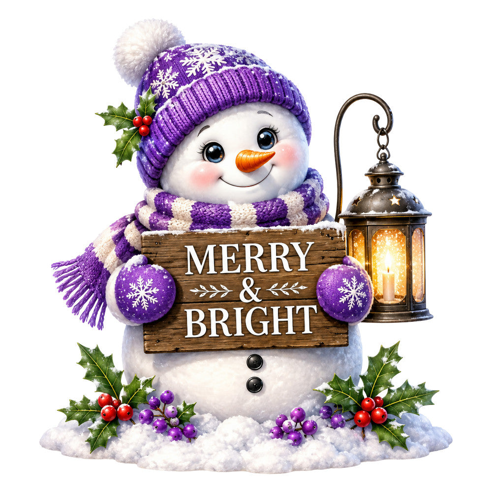 purple, white, orange, red, green, snowman, winter, christmas, holiday, festive, seasonal, snow, lantern, holly, berries, snowflakes, whimsical, cheerful, decorative, merry and bright, jolly, traditional, winter wonderland, seasonal decor, home decor, wall hanging, christmas decoration