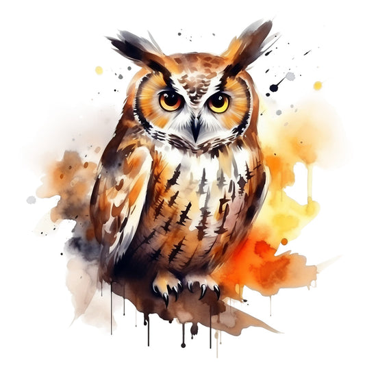 watercolor owl, orange, amber, brown, white, black, yellow eyes, ear tufts, paint splashes, dripping paint, artistic bird, nature wildlife, watercolor painting, fabric panel, quilting cotton, autumn colors, burnt orange, golden yellow, paint splatters, realistic owl portrait