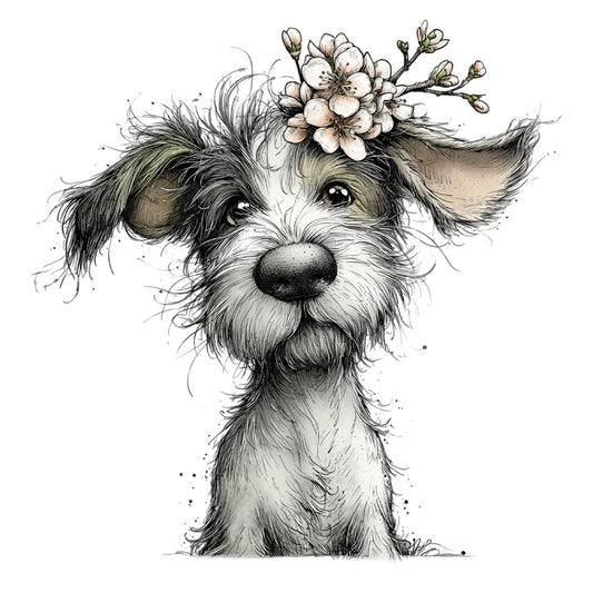dog, puppy, terrier, animal portrait, whimsical, spring flowers, cherry blossoms, floral crown, botanical, nature, sweet, gentle, children's, baby, illustration, ink drawing, sketch style, black and white, cream, tan, brown, taupe, farmhouse, cottage core, adorable, playful, soft, delicate, springtime, bloom
