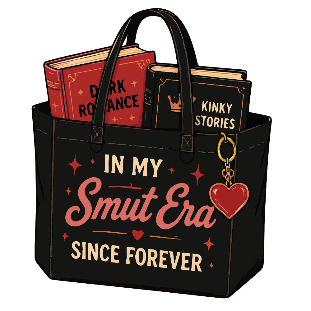 black, red, gold, coral pink, dark romance, kinky stories, smut era, books, literary, romance novel, heart motif, stars, sparkles, witchy, gothic, dark academia, humorous, playful, sassy, adult humor, book lover, reader gift, novelty print, contemporary, trendy, valentines, love themed, book themed, tote bag, gift bag