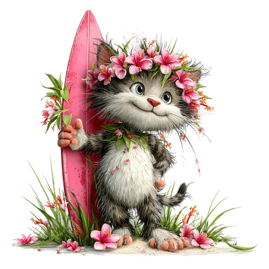 coral pink, hot pink, magenta, white, gray, black, green, floral, cat, kitten, flowers, nature, whimsical, playful, cute, animal, botanical, spring, summer, surfboard, surf, beach, paw prints, pink flowers, tropical flowers, grass, cheerful, charming, children, kids