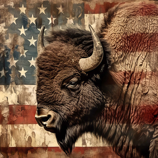 bison, buffalo, american flag, patriotic, stars, rustic, vintage, distressed, brown, tan, cream, red, americana, wildlife, animals, farmhouse, western, lodge style, masculine, bold, striking, nature-inspired, traditional, country, heritage, bold portrait, statement fabric, home decor, wall art
