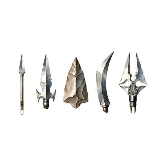 weapons, spearheads, medieval, fantasy, historical, armor, swords, daggers, tridents, ancient, warrior, knight, metal, steel, bronze, neutral tones, beige, gray, grey, tan, brown, vintage, historical reenactment, game of thrones, renaissance, dark academia, masculine, adventure, battle, wall hanging