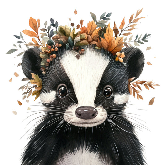 badger, black and white, autumn leaves, fall foliage, woodland animal, nature, whimsical, cute animal face, orange leaves, tan leaves, sage green, cream, forest creature, rustic, children's fabric, baby quilt, wall hanging, autumn theme, seasonal, berries, leafy branches, charming, illustrative, watercolor style, woodland theme, forest animal, sweet face, cozy, fall colors, decorative panel