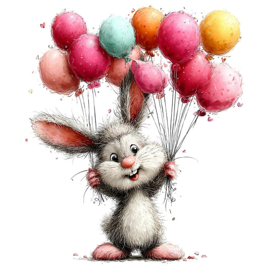 cute bunny, happy rabbit, whimsical animals, balloon, colorful balloons, pink balloons, coral pink, hot pink, dusty rose, soft yellow, mint green, orange, cheerful, playful, children's, baby, celebration, party, festive, illustrated animals, character fabric, nursery, kids, springtime, easter, joy, smiling animals, adorable, sweet, decorative panel