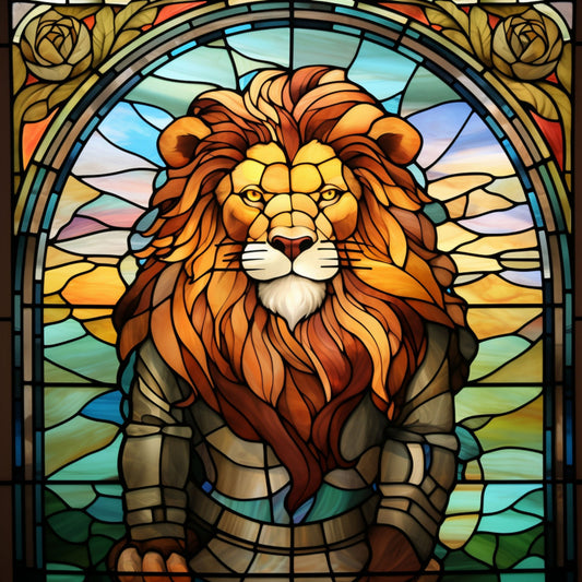 stained glass, lion, orange, amber, golden yellow, brown, green, blue, fabric panel, quilting cotton, majestic lion, flowing mane, geometric patterns, lead lines, cathedral style, warm tones, earth colors, animal portrait, decorative border, crafting fabric