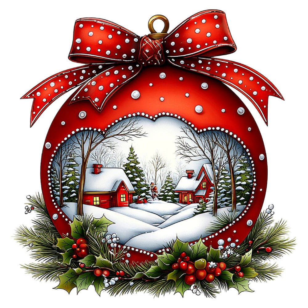 red, white, silver, forest green, christmas, holiday, winter, snow, snowy landscape, cabin, house, evergreen trees, pine trees, bare trees, festive, traditional, nostalgic, vintage, whimsical, scenic, nature, rural, countryside, bow, polka dot, holly, berries, evergreen garland, ornament, snow-covered
