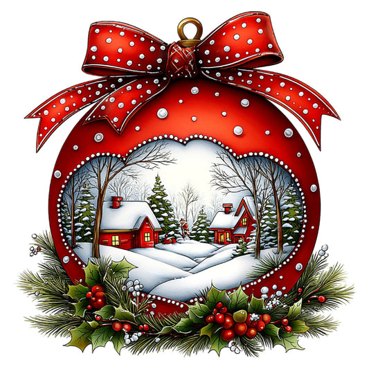 red, white, silver, forest green, christmas, holiday, winter, snow, snowy landscape, cabin, house, evergreen trees, pine trees, bare trees, festive, traditional, nostalgic, vintage, whimsical, scenic, nature, rural, countryside, bow, polka dot, holly, berries, evergreen garland, ornament, snow-covered