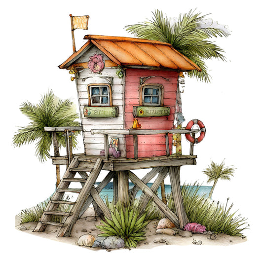 beach house, coastal, whimsical, stilt house, tropical, palm trees, nautical, rust orange, coral pink, dusty rose, cream white, sky blue, sandy beige, children's, storybook, illustration, adventure, seaside, summer, playful, quirky, cottage core, hand-drawn, watercolor style, coastal living, beach themed, decorative panel, wall art, children's quilt