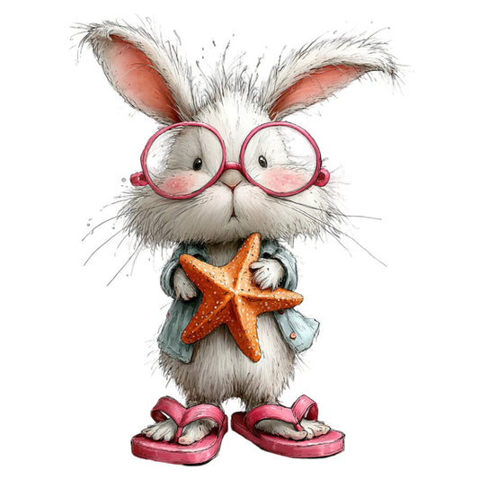 cute bunny, rabbit with glasses, whimsical animals, hot pink, coral orange, cream white, gray, seafaring, beach theme, starfish, summer, nautical, children's fabric, kids fabric, animal characters, playful design, illustration style, woodland creatures, coastal theme, flip flops, vacation vibes, tropical, adorable, storybook style, character panel, summer animals, fun prints, bright colors, quirky animals
