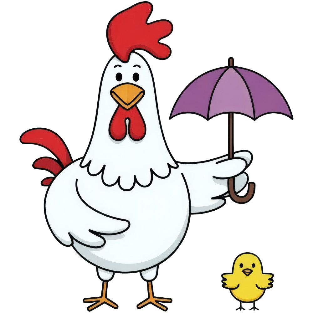 white chicken, red rooster, yellow chick, purple umbrella, farmhouse, farm animals, barnyard, countryside, whimsical, children's, nursery, cute animals, poultry, spring, summer, rainy day, cheerful, bright colors, white, red, yellow, purple, orange beak, pastoral, playful, baby animals, mother and baby, nature themed, illustrative