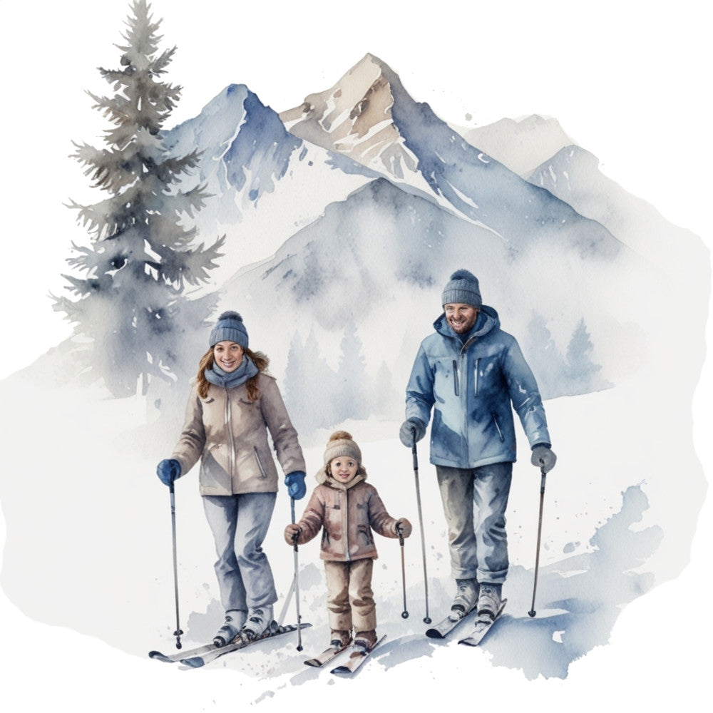 watercolor painting, winter scene, family skiing, snow-covered mountains, evergreen trees, blue tones, gray tones, beige tones, white snow, ski equipment, winter clothing, knit hats, outdoor recreation, alpine landscape, fabric panel, quilting cotton, mountain peaks, pine trees, winter sports, cold weather scene