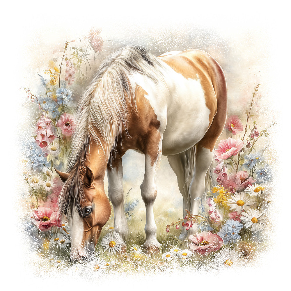 horse, pinto horse, wildflowers, meadow scene, pink flowers, blue flowers, white daisies, yellow centers, flowing mane, grazing horse, watercolor style, soft pastels, fabric panel, quilting cotton, floral border, spring flowers, pastoral scene, gentle mood, artistic rendering, nature design