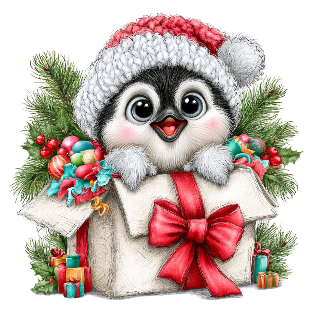 christmas, holiday, festive, penguin, bird, whimsical, cute, adorable, santa hat, red and white, cream, forest green, bright red, colorful, gift wrapped, presents, ornaments, evergreen, pine branches, holly, seasonal, winter, joy, cheerful, playful, decorative, children's, family-friendly, greeting card style, magical