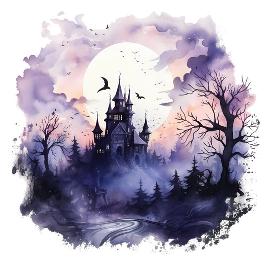 haunted house, gothic, spooky, halloween, moon, bats, bare trees, castle, dark purple, lavender, dusty purple, pale pink, soft pink, pale blue, twilight, mystical, whimsical, celestial, elegant, moody, atmospheric, fantasy, enchanted, silhouette, birds, misty, foggy, watercolor, painted, nature