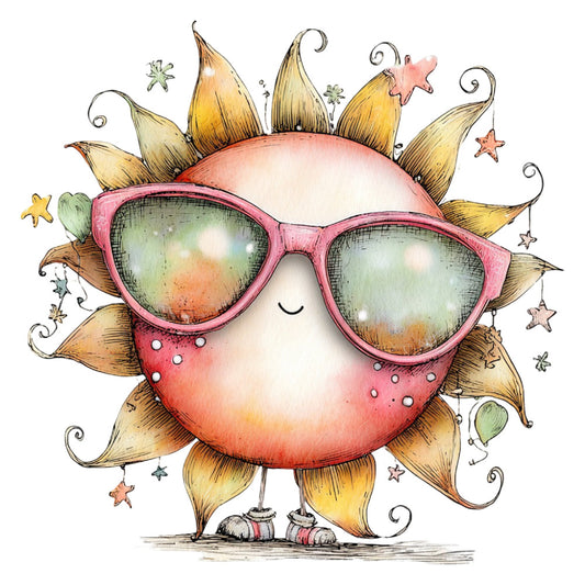 whimsical sun, pink sunglasses, coral pink, golden yellow, sage green, cream, cheerful, playful, celestial, stars, sun face, anthropomorphic, character, children's, cute, fun, quirky, modern, illustration, smiling, happy, springtime, summer, baby, nursery, wall hanging, home decor, youth, fantasy, imaginative