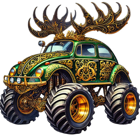 forest green, gold, black, ornate, decorative, baroque, filigree, vintage car, monster truck, oversized wheels, whimsical, fantasy, automotive, intricate patterns, scrollwork, embellished, bold, statement, novelty, children's, playful, mechanical, retro, art deco, metallic gold, vehicle, humor, quirky, alternative