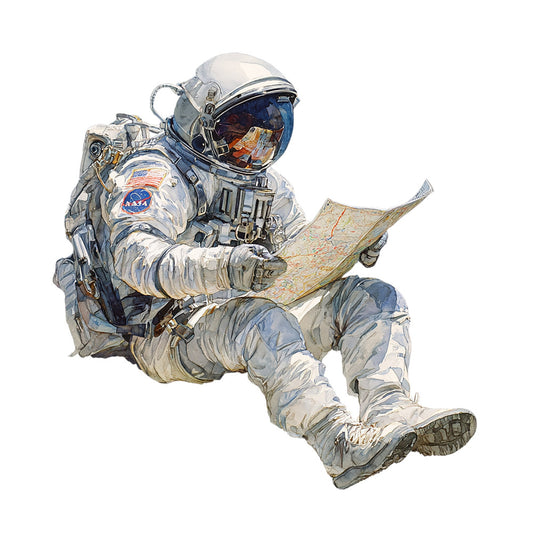 astronaut, space exploration, nasa, white, cream, light blue, steel blue, navy blue, gray, gold accents, person, figure, realistic illustration, detailed, vintage style, retro, educational, adventure, science, stem, map, navigation, space suit, helmet, boots, backpack, contemporary, inspirational, wall hanging, novelty print