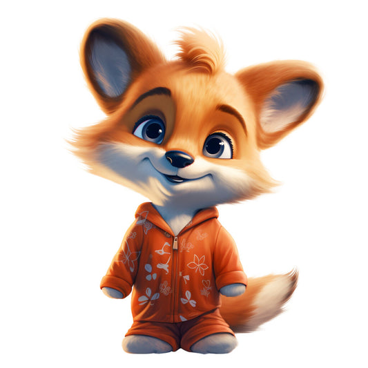 orange fox, cartoon animal, blue eyes, floral pajamas, zip-up hoodie, cute character, fabric panel, quilting cotton, children's design, whimsical illustration, soft colors, playful mood, bedtime theme, sleepwear pattern, animal portrait, orange and white fur, digital art style, nursery fabric, crafting material, adorable expression
