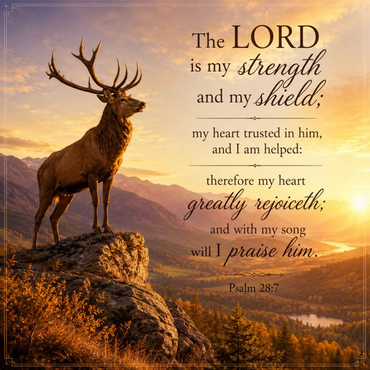 golden yellow, warm gold, bronze, sunset orange, deep brown, cream, scripture, psalm 28:7, deer, elk, stag, wildlife, nature, mountain landscape, forest, scenic, inspirational, religious, faith, spiritual, rustic, elegant, majestic, autumn, fall colors, inspirational quote, praise, strength, shield, wildlife art