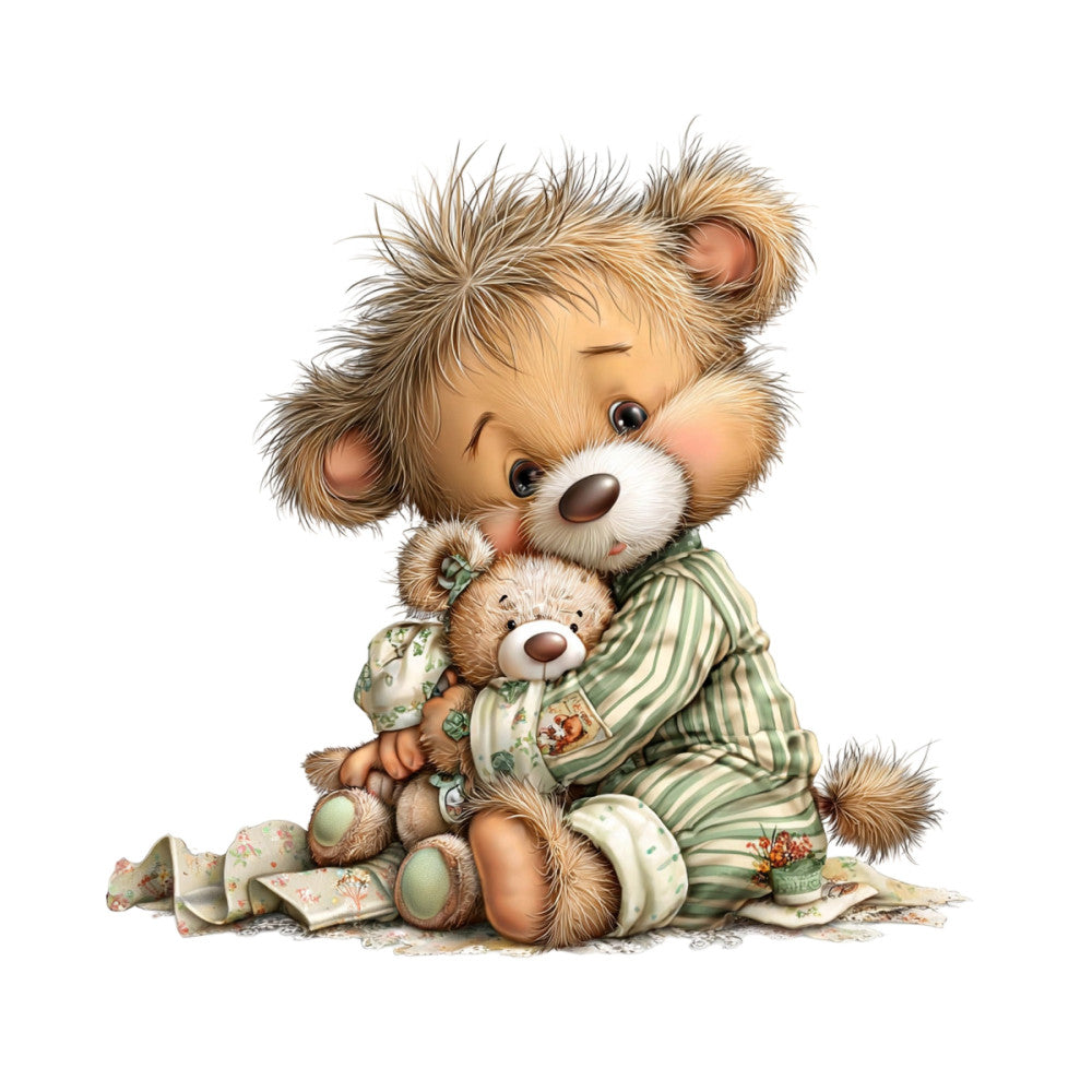 teddy bear, cute animals, nursery, baby, soft green, cream, sage green, tan, brown, stripe, floral, vintage, whimsical, children's, bedtime, storybook, pajamas, cozy, gentle, soft pastels, sentimental, precious moments, classic, traditional, stuffed animals, mother and baby, love, nurturing, adorable, sweet