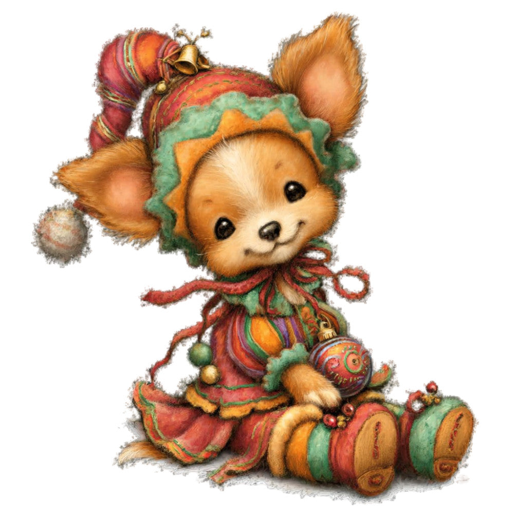 cute fox, whimsical animal, festive holiday, christmas, red, green, orange, gold, multicolor, jester costume, jingle bells, striped, folk art, vintage illustration, children's theme, baby quilt, playful character, textile illustration, decorative motif, woodland animal, storybook, cottage core, traditional, cheerful, embellished, ornamental, festive decoration, holiday spirit, nostalgic, decorative character