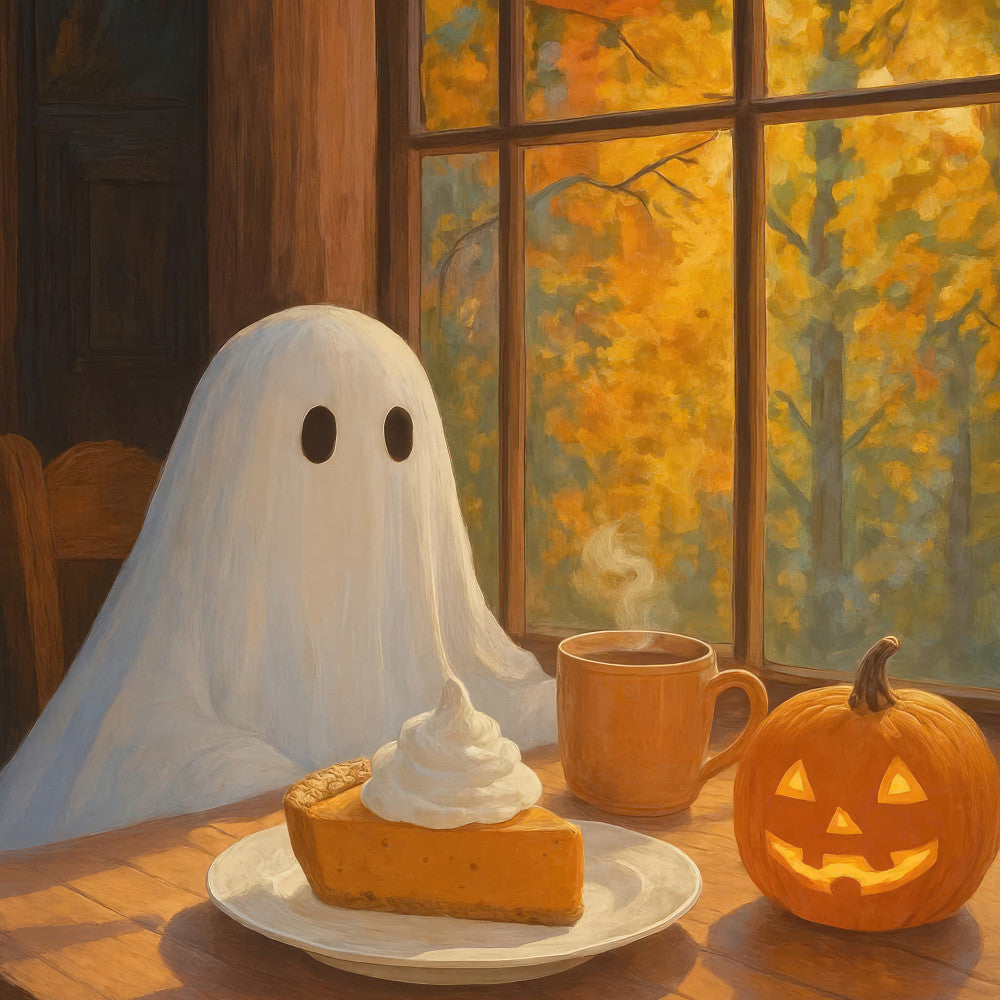 ghost, halloween, autumn, fall, pumpkin, orange, cream white, ivory, golden yellow, warm tones, spooky, whimsical, festive, seasonal, holiday, jack-o-lantern, cozy, rustic, cottage core, vintage, nostalgic, nature, harvest, gourd, indoor scene, window view, still life, autumn leaves, themed panel, decorative