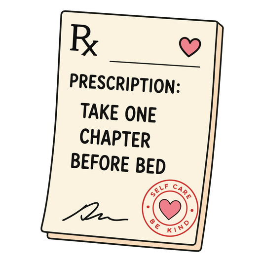 cream, heart, inspirational, self-care, quote, prescription, bedtime, book lover, reading, literary, whimsical, modern, wellness, mindfulness, pink heart, red stamp, motivational, cozy, lifestyle, home decor, wall hanging, pillow cover, book themed, encouraging message, vintage script, simple design, relaxation, sleep theme, gift fabric, affirmation