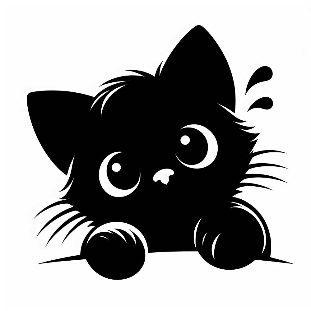 black cat, peeking kitten, silhouette design, white background, large eyes, cute animal, fabric panel, quilting cotton, monochrome, minimalist art, pet lover, cat face, whiskers, ears, playful mood, craft project, sewing panel, animal motif, contrasting colors