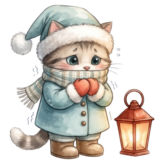 winter cat, holiday animal, christmas kitten, festive pet, snow boots, santa hat, cozy scarf, warm mittens, lantern, whimsical cat, cute animal, soft blue, cream white, rust red, dusty blue, plaid scarf, winter clothing, holiday theme, christmas decoration, seasonal, baby quilt, wall hanging, nursery, sweet kitten, cozy winter, holiday charm, festive illustration, child-friendly, warm tones, traditional christmas
