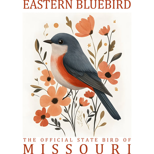 eastern bluebird, state bird, missouri, blue bird, orange flowers, coral blooms, botanical illustration, floral design, nature motif, vintage style, fabric panel, quilting cotton, perched bird, spring flowers, wildflowers, peach blossoms, folk art, decorative panel, bird watching, nature lover