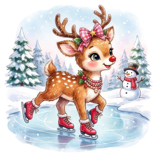 christmas, holiday, winter, snow, reindeer, rudolph, ice skating, frozen pond, festive, whimsical, cute, charming, red, brown, cream, gold, forest green, pink, plaid bow, pearl beads, snowman, evergreen trees, snowy landscape, vintage christmas, playful, cheerful, children's, nursery, seasonal, holiday decor