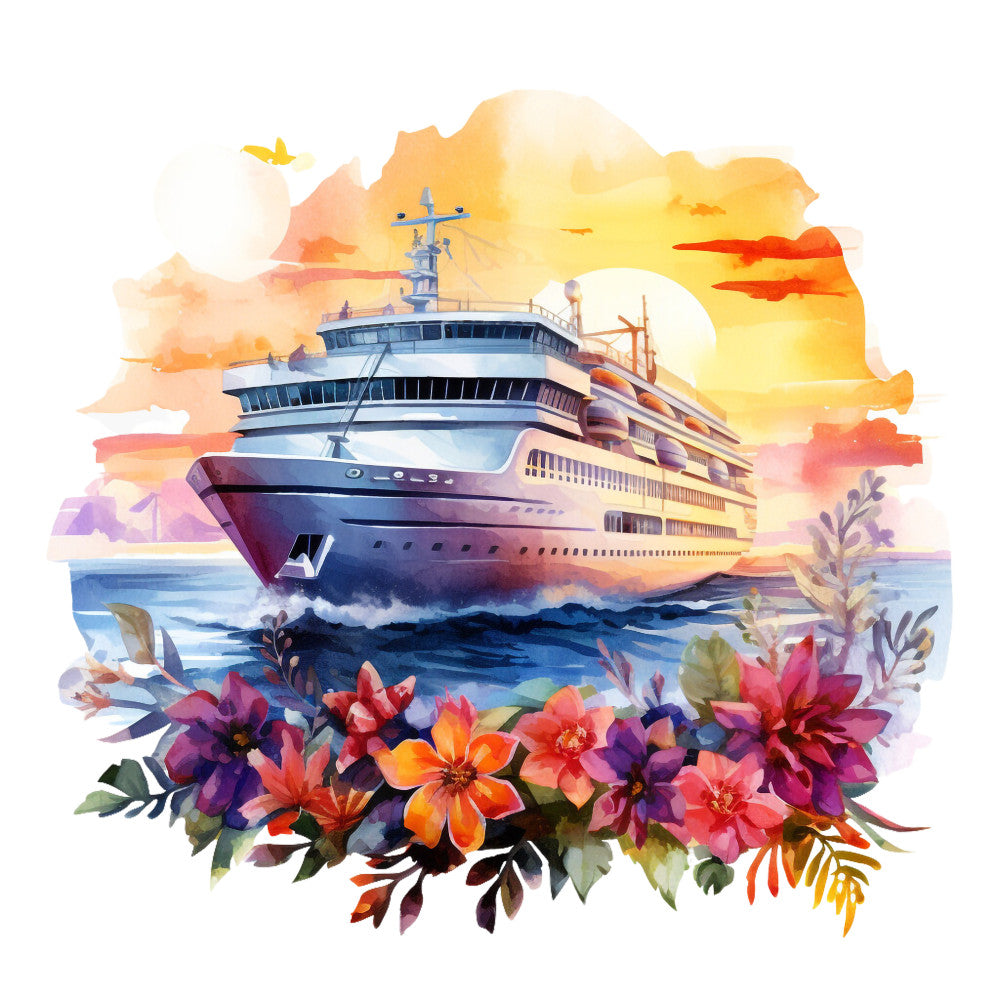 cruise ship, watercolor style, sunset sky, orange clouds, yellow sun, purple flowers, tropical blooms, ocean waves, maritime scene, fabric panel, quilting cotton, floral border, nautical theme, vacation vibes, travel motif, seabird, blue water, coral colors, hibiscus flowers, tropical paradise