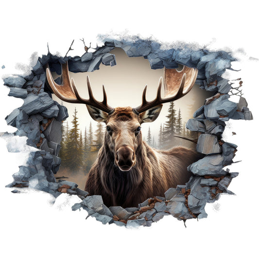 moose, antlers, wildlife, breaking through, cracked wall, brown, gray, beige, evergreen trees, forest scene, 3d effect, trompe l'oeil, fabric panel, quilting cotton, nature theme, outdoor scene, realistic art, dramatic lighting, wilderness, pine trees