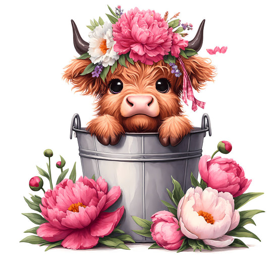Cute Highland Cows in Buckets Fabric Panel 16 featuring an adorable calf with floral crown in a metal bucket surrounded by pink peonies.