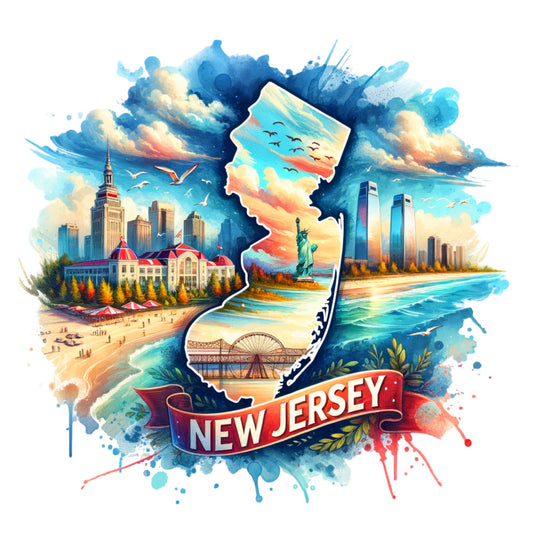 US States Retro Travel Fabric Panel 14 featuring New Jersey landmarks with vibrant colors on premium quilting cotton fabric.
